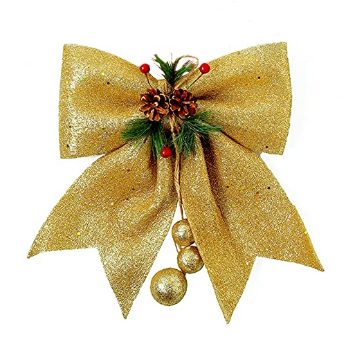 QUUPY 1 Stück Weihnachtsdeko Schleifen Große Glitzer Schleife mit Tannenzapfen für Weihnachtsbaumspitze Kranz Girlande Dekoration 24,9 x 30 cm (Gold) von QUUPY