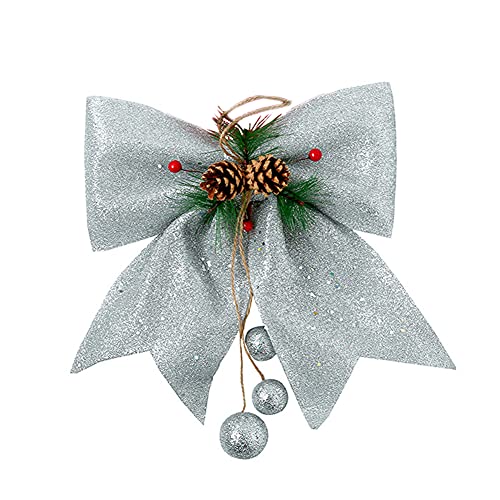 QUUPY 1 Stück Weihnachtsdeko Schleifen Große Glitzer Schleife mit Tannenzapfen für Weihnachtsbaumspitze Kranz Girlande Dekoration 24,9 x 30 cm (Silber) von QUUPY