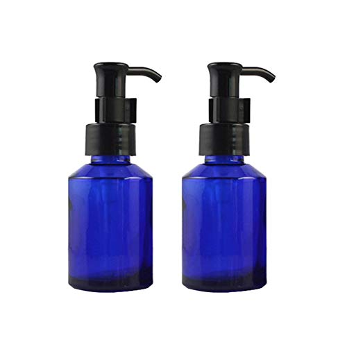 QUUPY 2 x 60 ml gehobene nachfüllbare Kobaltglas-Lotion-Pumpflasche mit schwarzem Verschluss-Spender, Toilettenartikel-Flasche, Kosmetikbehälter, Topf für Creme, Essenz, Shampoo, Duschgel von QUUPY