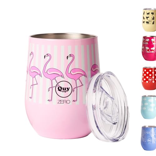 Thermobecher aus Edelstahl mit Thermoverschluss – 300 ml – italienisches Design Cup Thermo Flamingo (doppelwandig) hält 6 Stunden warm und 12 Stunden kalt | Ideal für Kräutertee, Tee, Milch von QUY CUP