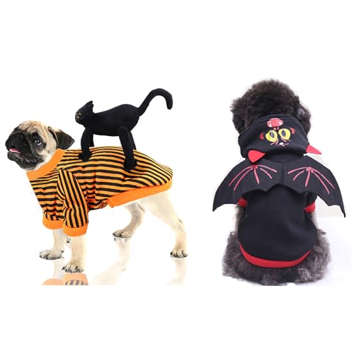 2-teiliges Halloween-Kostümset für kleine Hunde, lustige Haustierkleidung mit schwarzer Katze und Spinne, geeignet für kleine Hunde und Katzen für die Halloween-Weihnachtsfeier (groß) (Large) von QVK