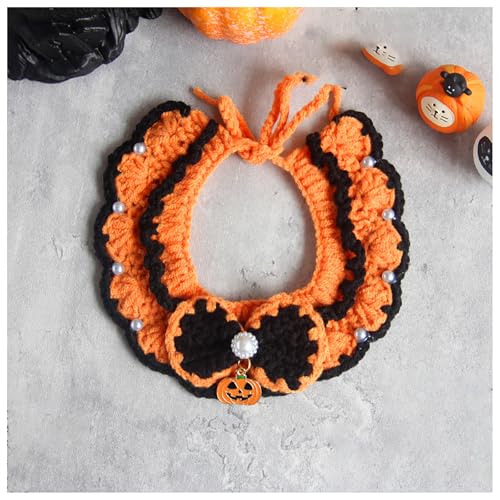 Halloween-Haustierhalsband, Handgewebter Halloween-HaustierkostüM-KüRbishut, Geeignet FüR Katzen Und Kleine Festliches Ankleiden (L,Silver) von QVK