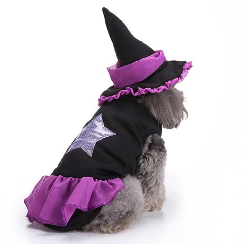 Halloween-Hexenkostüm-Set für Welpen, Halloween-Partykleid und -Hut, Festliche, lustige Kostüm-Requisiten, geeignet für die Feiertagsverkleidung von Katzen und Hunden (Purple,Medium) von QVK