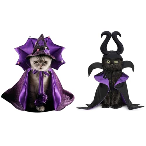 Halloween-HundezaubererkostüM, Dunkler BöSer GehöRnter Hut, Hundezaubererumhang, Lustiges HundekostüM FüR Halloweenparty (Black and Purple,Einheitsgröße) von QVK