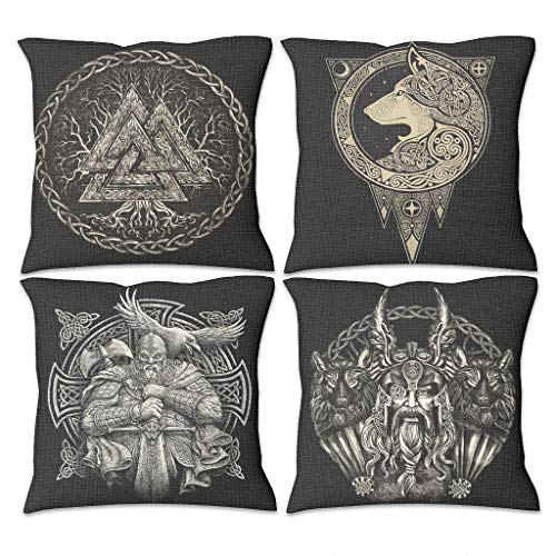 QVOOD Set von 4 Wikinger Odin Wolf Kissenbezug Linen Kissenhülle Dekokissen Fall Kissenbezüge Sofakissenbezug Loungekissenbezug für Sofa Couch Auto Schlafzimmer Zuhause Dekor White 45x45cm von QVOOD