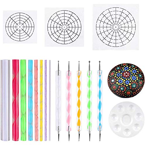 QWAMBVZE Mandala Punktierschablonen Werkzeuge Rock Malerei Kit Kugelstift Punktier Werkzeuge Inklusive Schablone, Farbwanne (17 Paket) von QWAMBVZE