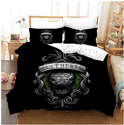 QWAS Harry Potter Bettwäscheset, Slytherin Bettbezugset, 3D-Druck, 100% Mikrofaser, Pflegeleichte Bettwäsche (A01,135x200cm+80x80cmx2) von QWAS