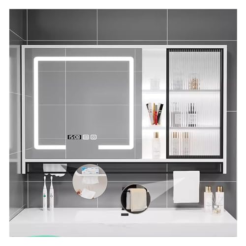 Spiegelschrank Bad mit LED, spiegelschrank mit beleuchtung,badezimmerschrank mit spiegel,Beleuchtung Badezimmerschrank Hängeschrank Badezimmerspiegel，Handtuchhalter(White,W130*H75cm/W51.1*H29.5in) von QWEASDF