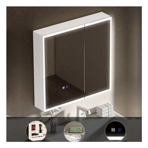 Spiegelschrank bad,Spiegelschrank,spiegelschrank mit beleuchtung,bad spiegelschrank mit beleuchtung,Defog, Stufenloses Dimmen,mit Touchschalter , Aluminium(Color:A,Size:W70*H68cm/W27.5*H26.7in) von QWEASDF