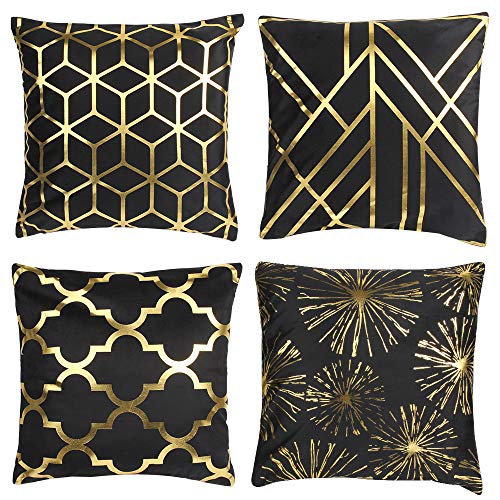 YiliYa Dekorativ Kissenbezug 4er Set,Gold Heißpräge Samt Kissenbezug mit Geometrie Mustern für Sofa Schlafzimmer Auto Zuhause Dekor (Pillowcase Black Gold,45x45 cm) von YiliYa