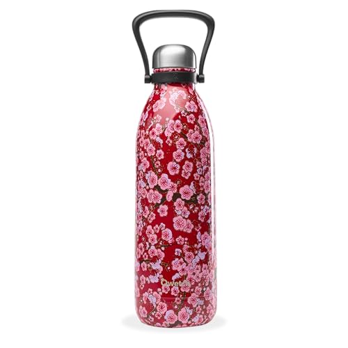 QWETCH - Große 1,5L Edelstahl Trinkflasche Rote Blumen Titan - Thermosflasche 48h Kalt & 16h Heiß - Auslaufsicher & BPA-frei - Isolierflasche mit Griff - Perfekt für Camping, Picknick & Familie von QWETCH