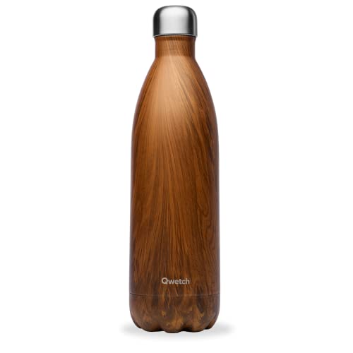 Qwetch - Trinkflasche Originals Edelstahl Isolierflasche 1L Holz - Thermosflasche 24h Kalt & 12h Heiß - Auslaufsicher, BPA-frei, Wiederverwendbar - Perfekt für Sport, Reisen, Büro & Wandern von QWETCH