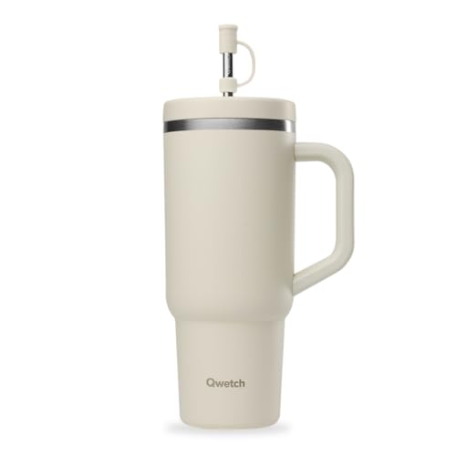 QWETCH Travel Cup – Thermobecher 900ml mit Strohhalm & Henkel – 48h Eisgekühlt / 12h Kalt – Isolierbecher aus recyceltem Edelstahl – Auslaufsicherer Schraubdeckel – Quencher Style – Schwarz von QWETCH