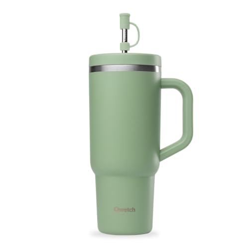 QWETCH Travel Cup – Thermobecher 900ml mit Strohhalm & Henkel – 48h Eisgekühlt / 12h Kalt – Isolierbecher aus recyceltem Edelstahl – Auslaufsicherer Schraubdeckel – Quencher Style – Schwarz von QWETCH