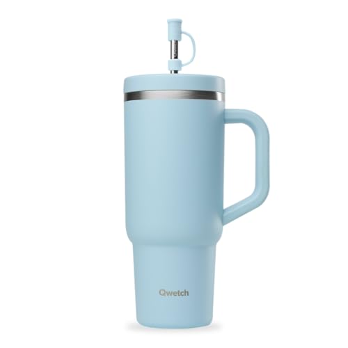 QWETCH Travel Cup – Thermobecher 900ml mit Strohhalm & Henkel – 48h Eisgekühlt / 12h Kalt – Isolierbecher aus recyceltem Edelstahl – Auslaufsicherer Schraubdeckel – Quencher Style – Schwarz von QWETCH