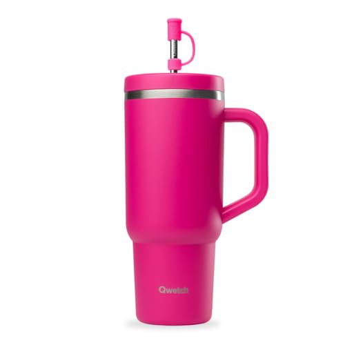 QWETCH Travel Cup – Thermobecher 900ml mit Strohhalm & Henkel – 48h Eisgekühlt / 12h Kalt – Isolierbecher aus recyceltem Edelstahl – Auslaufsicherer Schraubdeckel – Quencher Style – Schwarz von QWETCH