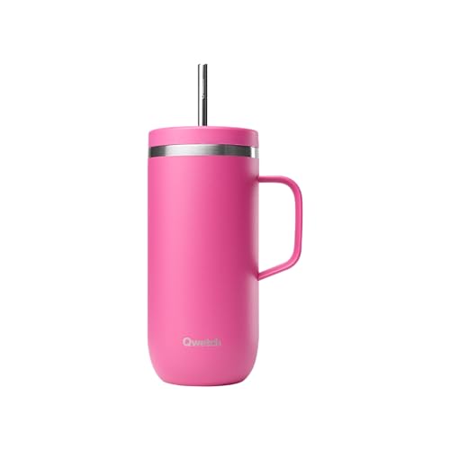 QWETCH - Trinkflasche Cold Cup 600ml Magenta mit Griff, Strohhalm & Spritzschutzdeckel - 24h Eisgekühlt & 12h Kalt - Thermobecher Edelstahl & BPA-frei - Perfekt für Erfrischungsgetränke von QWETCH