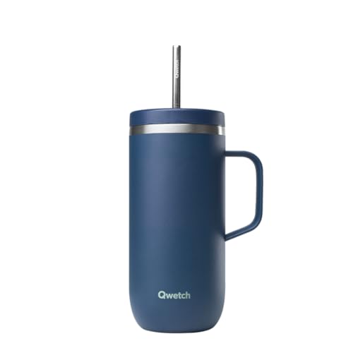 QWETCH - Trinkflasche Cold Cup 600ml Marineblau mit Griff, Strohhalm & Spritzschutzdeckel - 24h Eisgekühlt & 12h Kalt - Thermobecher Edelstahl & BPA-frei - Perfekt für Erfrischungsgetränke von QWETCH