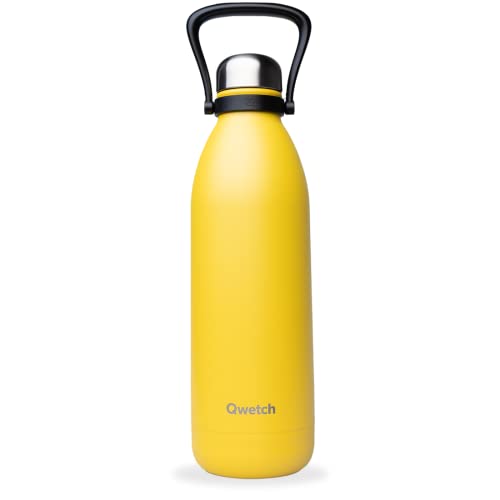 QWETCH - Große 1,5L Edelstahl Trinkflasche Gelb Titan - Thermosflasche 48h Kalt & 16h Heiß - Auslaufsicher & BPA-frei - Isolierflasche mit Griff - Perfekt für Camping, Picknick & Familie von QWETCH