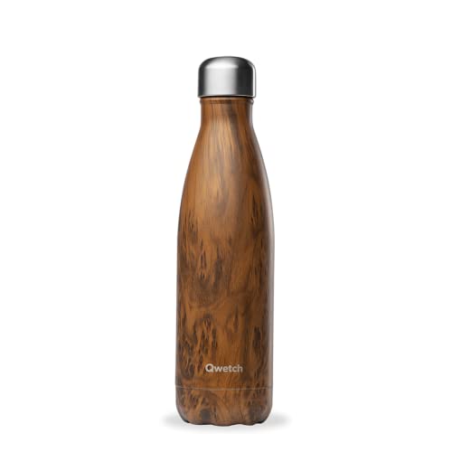 Qwetch - Trinkflasche Originals Edelstahl Isolierflasche 500ml Holz - Thermosflasche 24h Kalt & 12h Heiß - Auslaufsicher, BPA-frei, Wiederverwendbar - Perfekt für Sport, Reisen, Büro & Wandern von QWETCH