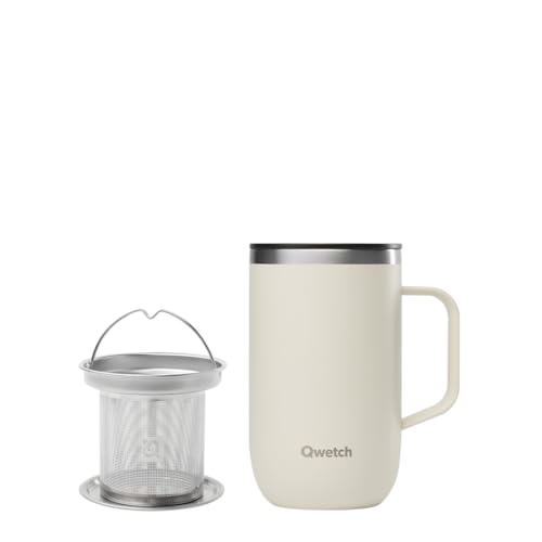 Qwetch – Thermobecher 470ml mit Henkel & Teesieb Sand – Isolierbecher für Kaffee & Tee – Edelstahl gebürstet, 6h Heiß, 12h Kalt – Schiebedeckel, Wiederverwendbar, Teebecher to go von QWETCH