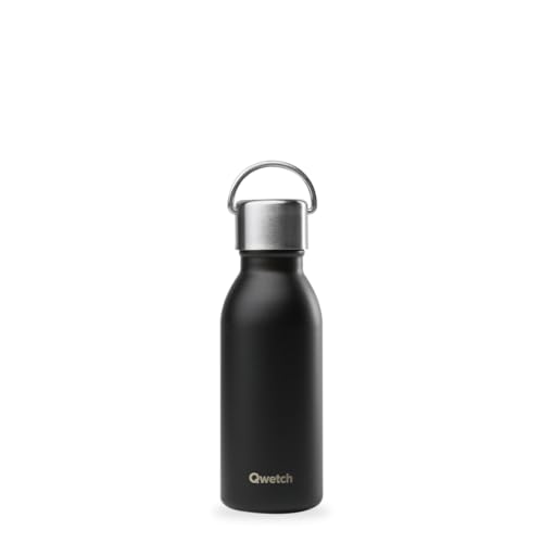 Qwetch - Trinkflasche 350ml Edelstahl Schwarz Active - Kleine Thermosflasche aus 90% recyceltem Inox - 24h Kalt & 12h Heiß - Isolierflasche, Auslaufsicher, BPA-frei & Kompakt von QWETCH