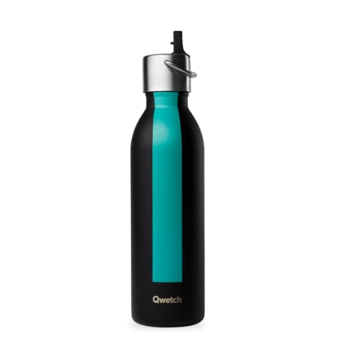 Qwetch - Trinkflasche 600 ml Edelstahl Schwarz Sport Serie - Thermosflasche aus 90% recyceltem Inox mit Sportverschluss - 24h Kalt & 12h Heiß - Isolierflasche, Auslaufsicher, BPA-frei & Kompakt von QWETCH