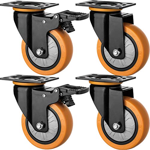 Gummirollen, 75 mm, 3 Zoll, Hochleistungs-Lenkrollen – leise PU-Lenkrollen mit Bremse for Möbel, Wagen, Werkbänke, Krankenhäuser und Fabriken, 420 kg Tragkraft, 4er-Pack(Black) von QWFVHJ