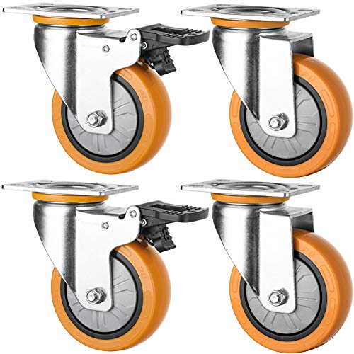 Gummirollen, 75 mm, 3 Zoll, Hochleistungs-Lenkrollen – leise PU-Lenkrollen mit Bremse for Möbel, Wagen, Werkbänke, Krankenhäuser und Fabriken, 420 kg Tragkraft, 4er-Pack(Silver) von QWFVHJ
