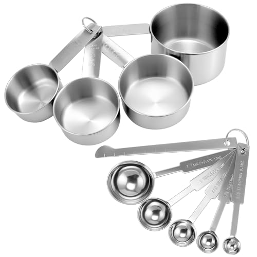 QWORK® 10-Teilges Edelstahl Messbecher und Löffel, Küche Messlöffel Messbecher Set mit Meßlineal von QWORK
