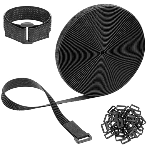 QWORK® 10m x 2cm Klettband mit 10 Schnallen - Flexibel Zuschneidbar Schwarz für Kabelmanagement und Nähen von QWORK