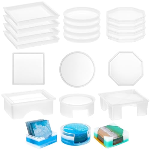 QWORK® 18 Stück Silikonharzformen Set, Epoxidharz Silikon Formen für DIY-Kunsthandwerk, Einschließlich Runder, Quadratischer und Achteckiger Untersetzerformen, für Tassenuntersetzern, Tabletts von QWORK