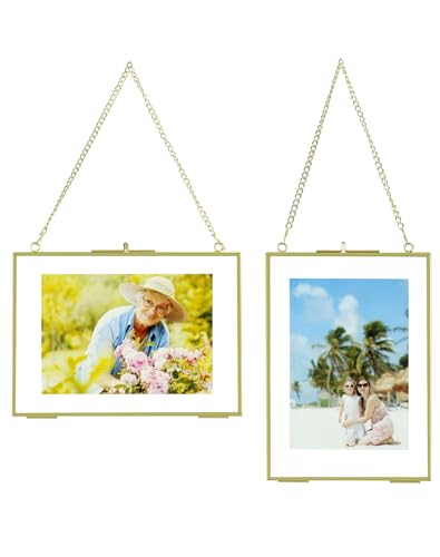 QWORK® 2 Stücke Goldener Bilderrahmen Glas mit Metallkette zum Aufhängen, Pflanze Probe Clip, für Fotos, Pflanzenproben, Zertifikate, 13x18cm von QWORK