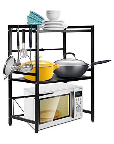 QWORK® 2 Stufiges Mikrowellen Regal Ausziehbar, mikrowellen Regal, Mikrowellenständer, mit 4 Haken, Schwarz von QWORK