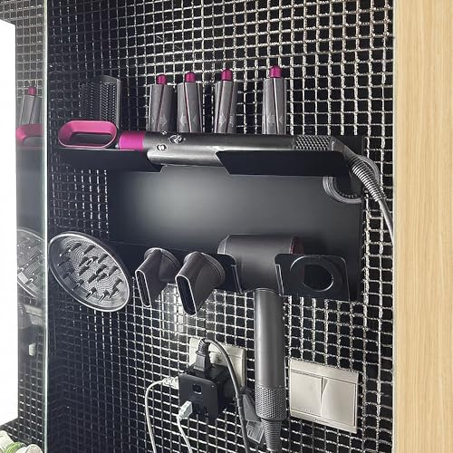 QWORK® 2 in 1 Wandhalterung Kompatibel mit Dyson Airwrap & Dyson Supersonic Föhn & Zubehör, Alulegierung Mattschwarz von QWORK