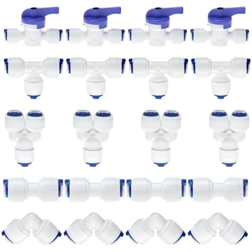 QWORK® 20 Stück Wasserzulaufleitung Anschluss, 1/4" Wasserzulaufleitung Filter Fitting, T + Y + I + L Typ Wasserfilter Fitting von QWORK