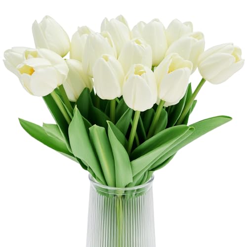 QWORK® 20 stück künstliche tulpen, künstliche Blumen wie echt, dekorative blumensträuße für Party, Hochzeit und zuhause,weiß von QWORK