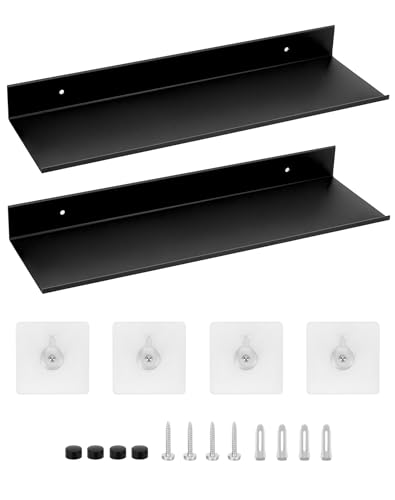 QWORK® 2er-Set Schwarz Schweberegal 40 cm Metall Wandregal mit Klebeschrauben für Schlafzimmer, Wohnzimmer und Büro von QWORK