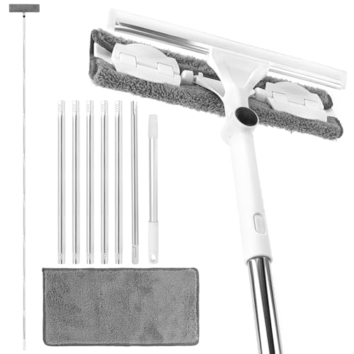 QWORK® 3,7m Teleskop Fensterwischer Abzieher Set, 2-in-1 Fensterreiniger mit 180° Drehung für Innen- und Außenfenster, inkl. 1 Ersatz-Mikrofasertuch von QWORK
