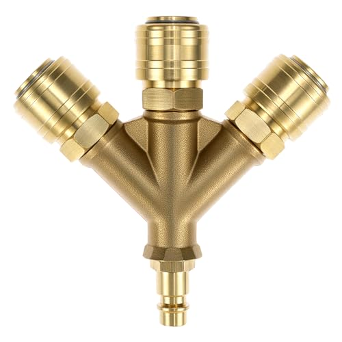 QWORK® 3-Fach Messing Druckluftverteiler mit Kupfer Kupplungen Außengewinde NW 7.2, 1/4-Zoll Luftschlauch Schnellkuppler Verteiler von QWORK