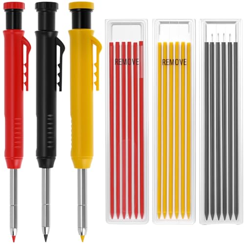 QWORK® 3 Stück Zimmermannsbleistift mit 18 Bleistiftminen, Tieflochmarker mit Eingebautem Spitzer, Bohrlochmarker auf Holz, Metall,Betonfliesen (Rot Gelb Schwarz) von QWORK