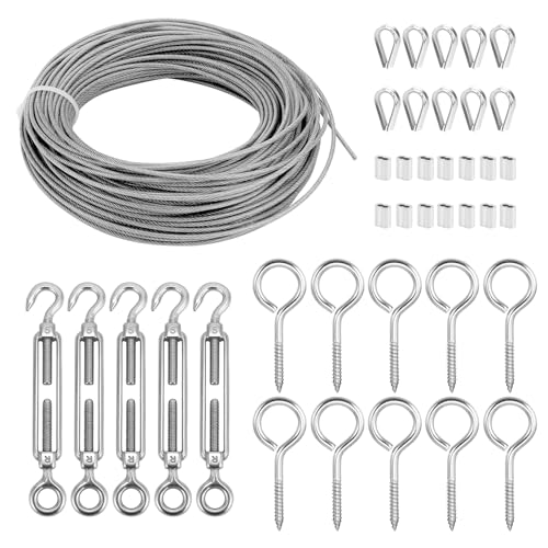 QWORK® 30M/2mm Spannseil Kit - 304 Edelstahl Drahtseil PVC-ummantelt, M5 Spannschloss und ösen Haken - Wetterfest und Rostbeständig für Garten & DIY Projekte von QWORK
