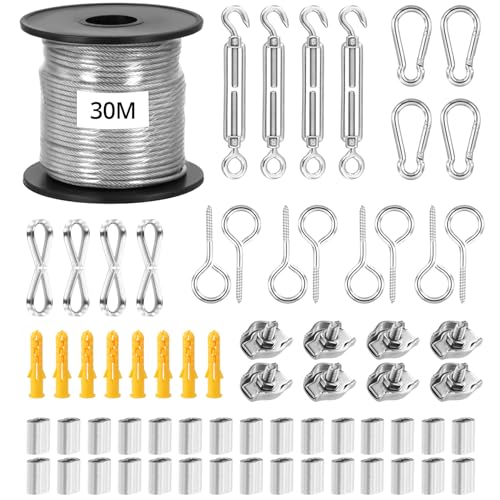 QWORK® 30m Drahtseil Set, 2mm Gartendraht, Gartendraht für Kletterpflanzen, Kabelseil aus Edelstahl 304 mit M5 Spannschloss Drahtspanner von QWORK