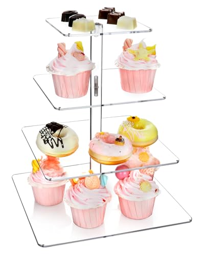 QWORK® 4 Etagen quadratischer Cupcake Ständer aus Acryl, Dessert Tortenständer mit LED-Licht, für Hochzeiten, Geburtstage und Partys von QWORK
