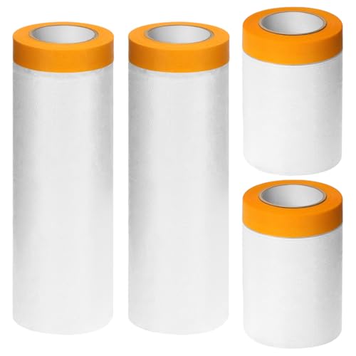 QWORK® 4 Rollen Kunststoff-Staubschutzfolie, 2 Größen 55cmx20m/150cmx20m Abdeckfolie mit Klebeband, Maler Abdeckfolie, für Renovierung und Schutzarbeiten von QWORK