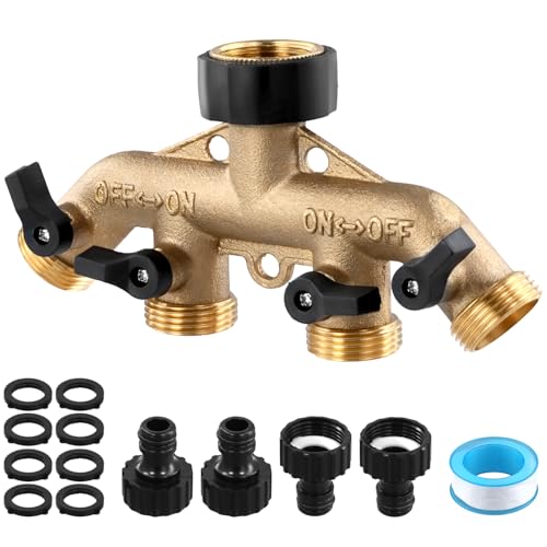 QWORK® 4 Wege Verteiler Wasser, G3/4 Messing Wasserhahnverteiler, Wasserverteiler mit 4 Gartenschlauch Adapter, Garten Schlauch Wasserhahn Verbinder Set von QWORK