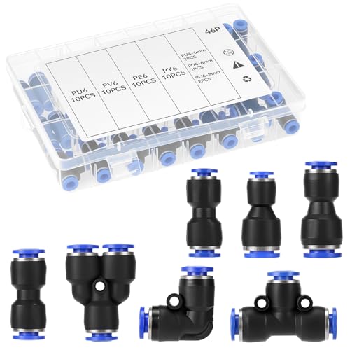 QWORK® 46-teiliges Pneumatisches Quick-Push-In-Anschlussset für 4mm/6mm/8mm-Luftschläuche - inkl. Gerade/Winkel-/T-/Splitter-Anschluss & multifunktionale Adapter von QWORK