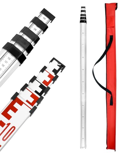 QWORK® 5 Abschnitte Teleskop-Nivellierlatte Ausziehbar bis 5 m, Teleskopstange Laser-Grade-Stab mit Ansteckbare Dosenlibelle von QWORK