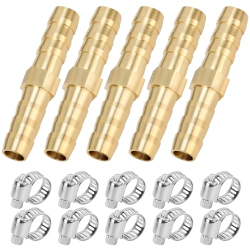 QWORK® 5 Stück 6 mm Messing Schlauchtülle, mit 10 Klemmen, gerade 2 Wege Rohrverschraubung von QWORK