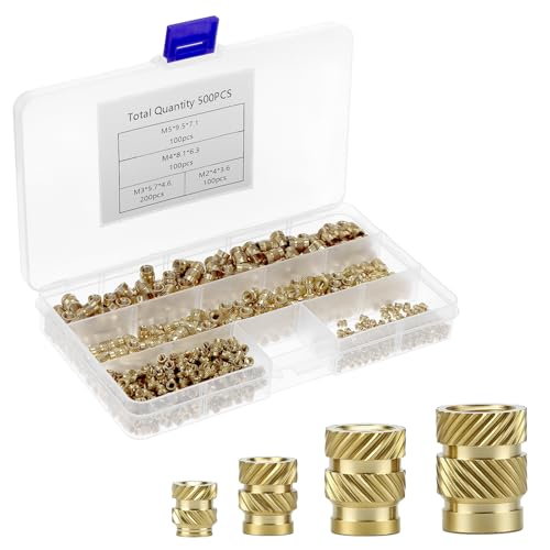 QWORK® 500pcs Sortiment an Gewindeeinsätzen aus Messing - Rändelmuttern M2/M3/M4/M5 für 3D Druck & Kunststoffteile von QWORK